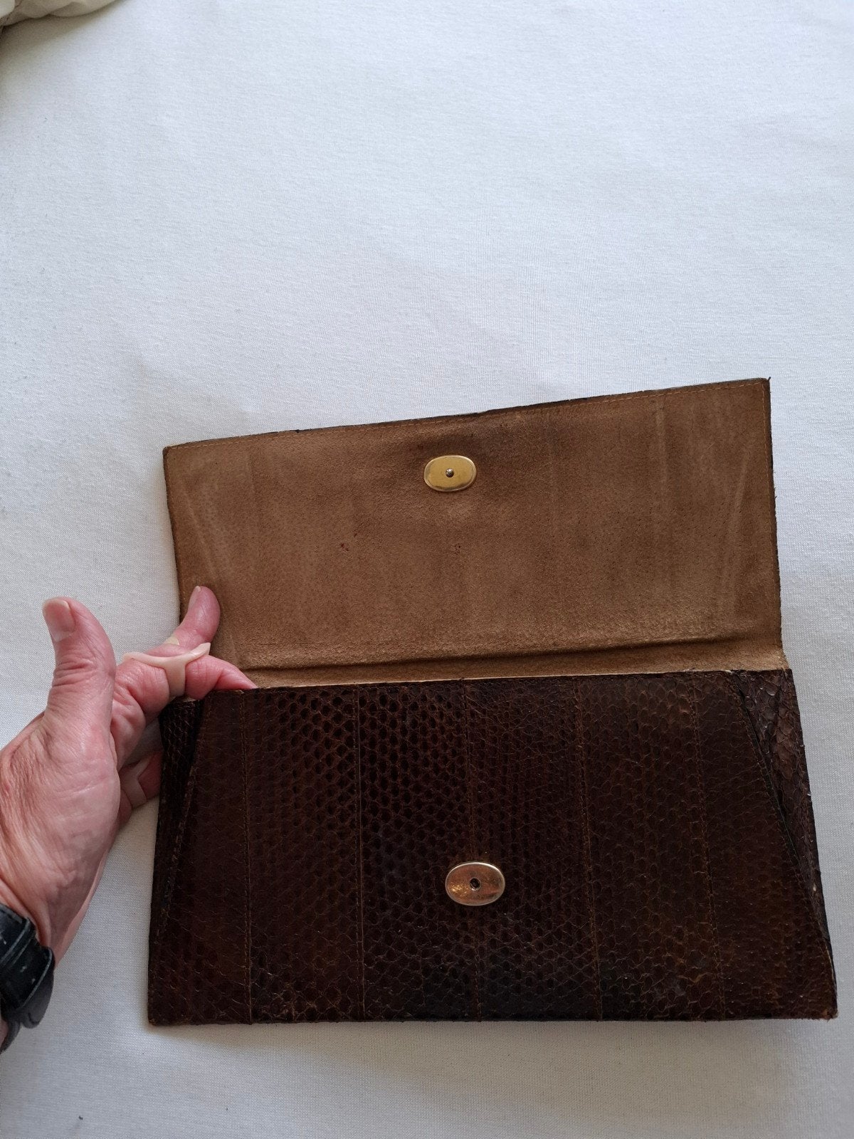 Vintage bruine clutch van slangenleer, Ophalen of Verzenden, Bruin, Handtas