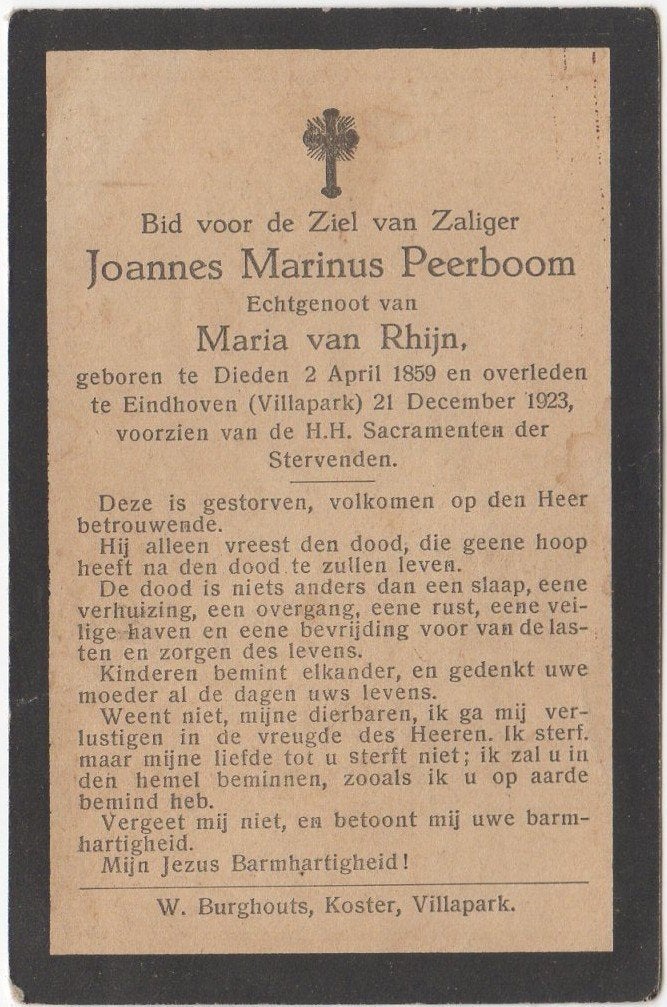 Joannes M. Peerboom 1859 Dieden + 1923 Eindhoven, 64 jaar, Verzamelen, Bidprentjes en Rouwkaarten, Verzenden