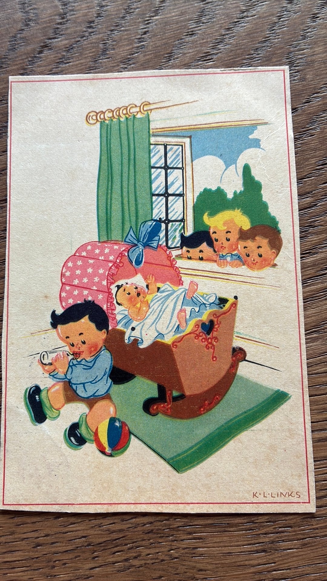 Karel LINKS. Kinderen,baby in wieg,flesje drinken, Ophalen of Verzenden, 1920 tot 1940, Gelopen, Kinderen