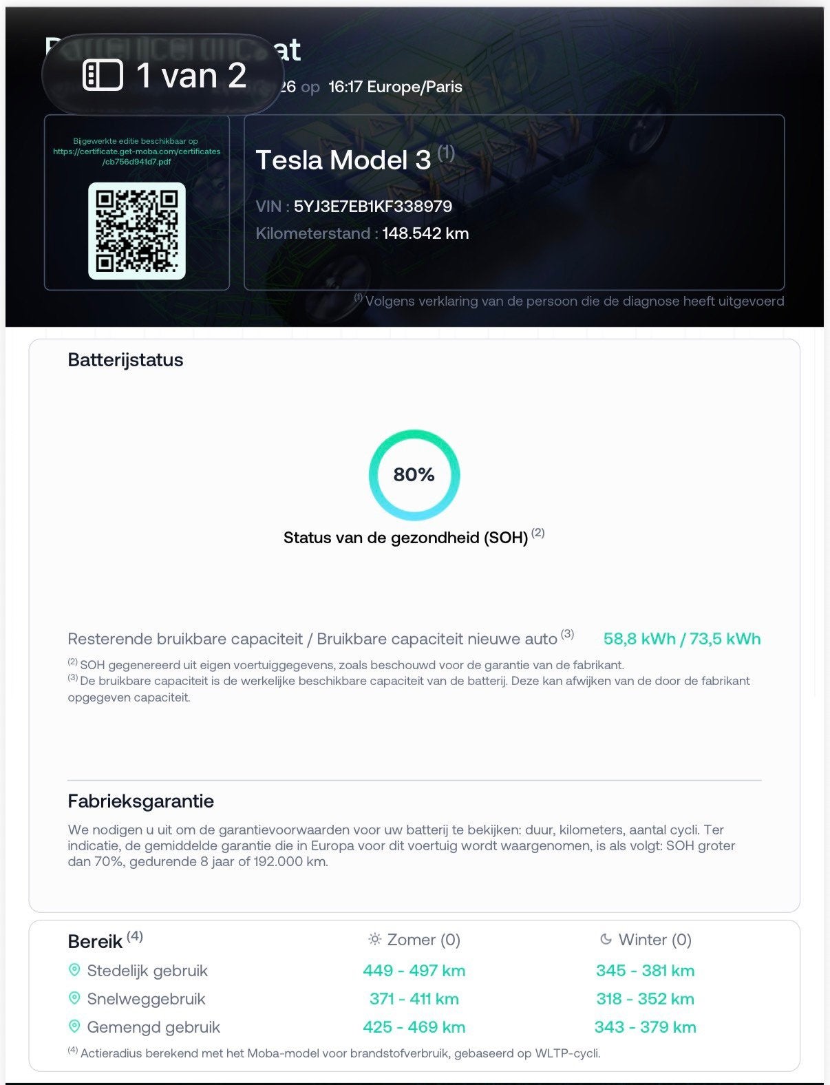 Tesla Model 3 Long Range AWD 75 kWh SOH 80%, Automaat, Zwart, Stoelverwarming, 84 €/maand