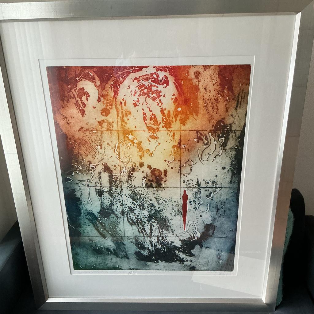 Ingelijste ets 56x58  met abstracte voorstelling. Ad Arma., Antiek en Kunst, Kunst | Etsen en Gravures, Ets, Ingelijst, 1950 - 1999