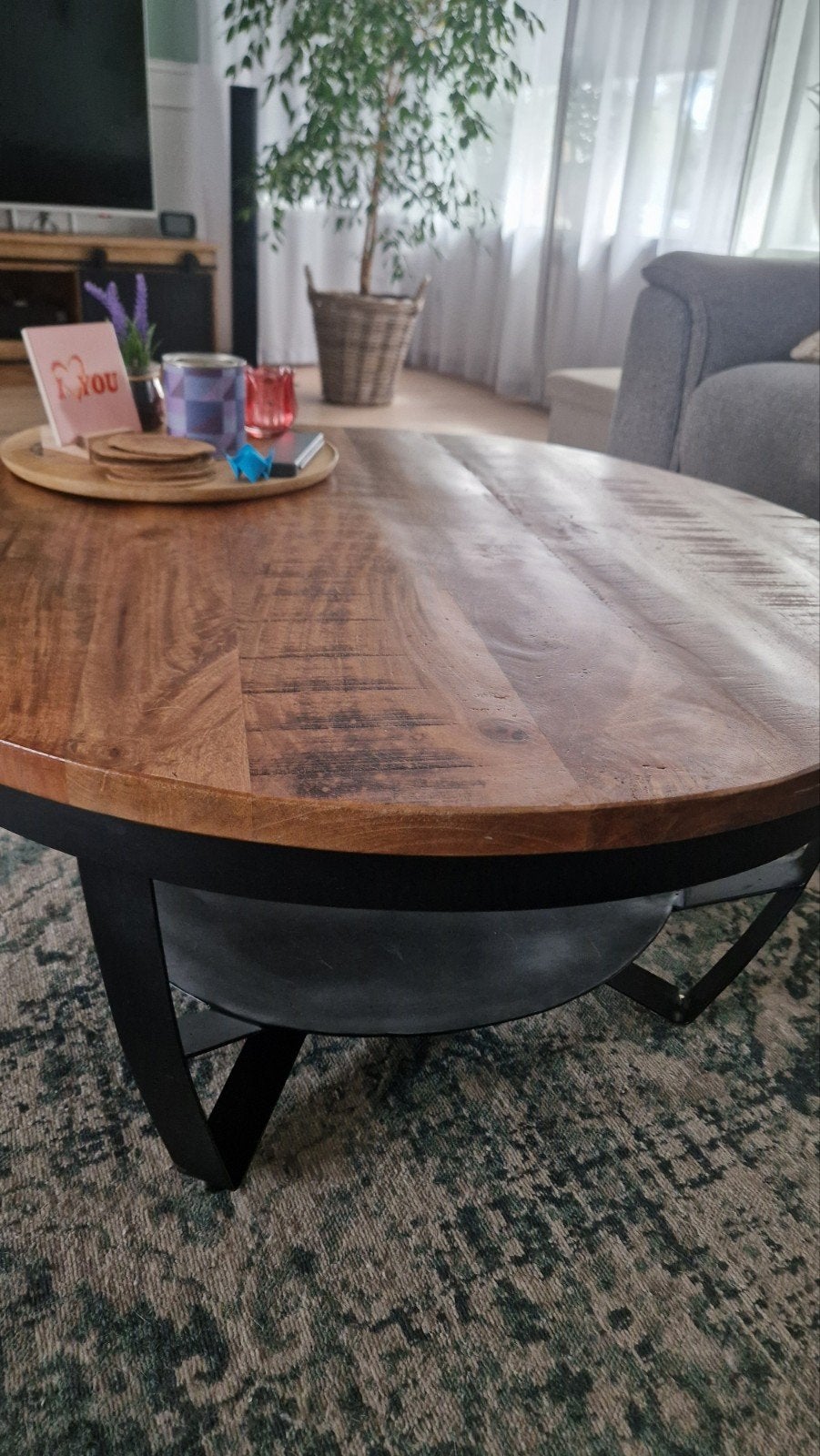 Mooie ronde industriële mango houten salontafel, Huis en Inrichting, Tafels | Salontafels, 50 tot 100 cm, Rond, 50 tot 100 cm