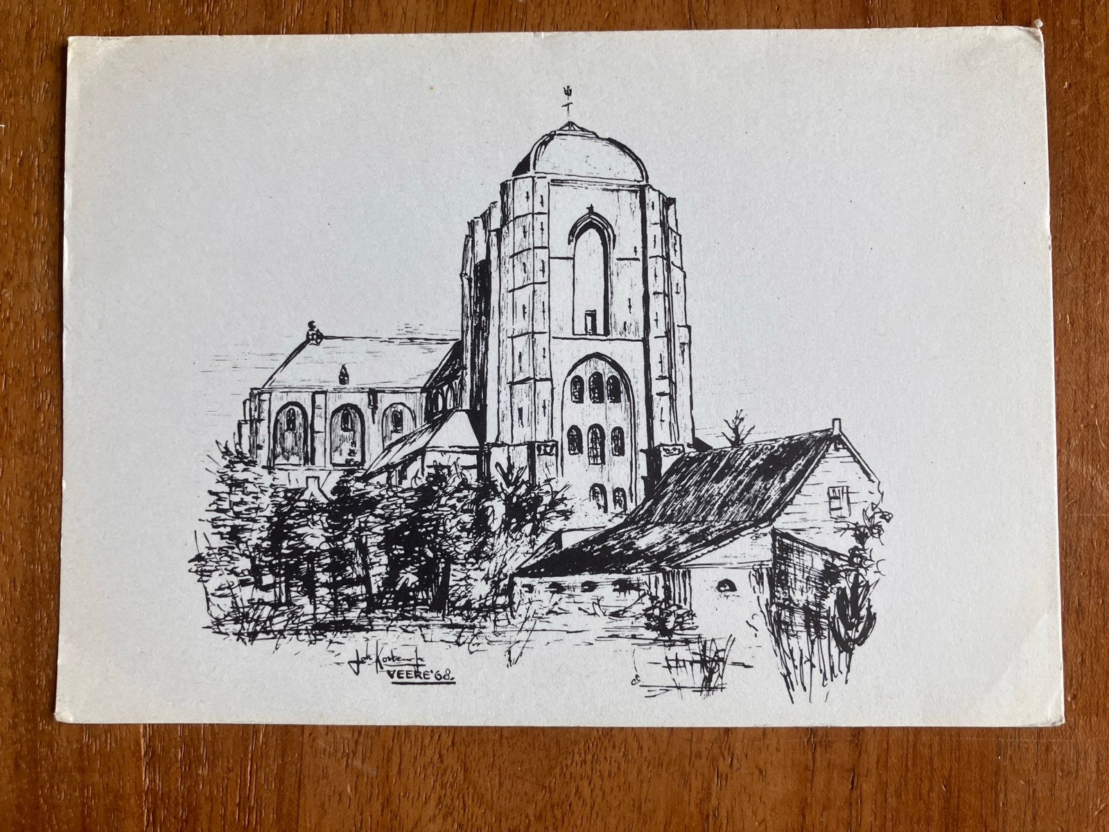 Pentekening Grote Kerk Veere door Joh. Kosten Jr. - 1968, Verzamelen, Ansichtkaarten | Nederland, Ophalen of Verzenden, 1960 tot 1980