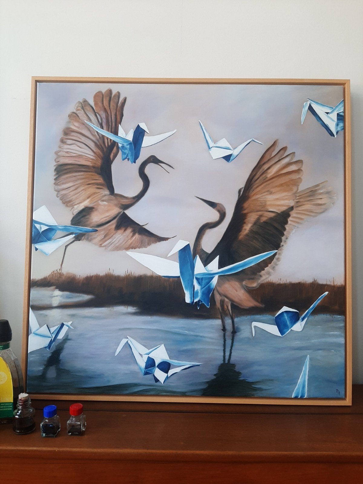 Olieverf schilderij kraanvogels., Ophalen, Gesigneerd, Olieverf, Dieren