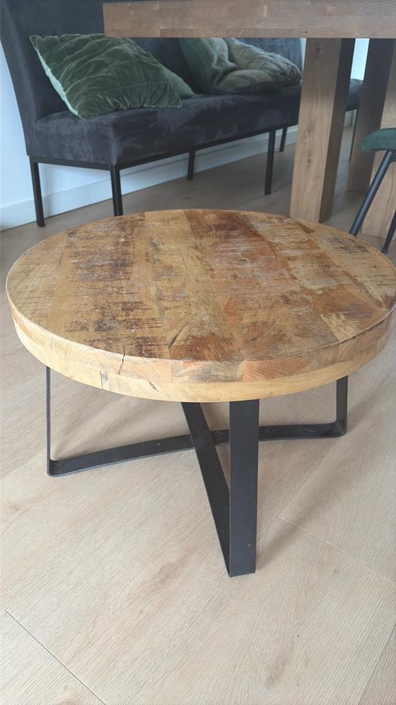 Ronde salontafel van mangohout met metalen onderstel, Ophalen, Rond, Nieuw, 50 tot 100 cm
