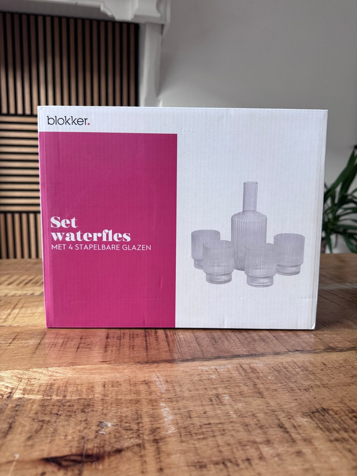 Blokker Karafset met 4 Stapelbare Glazen - Nieuw, Ophalen, Nieuw, Glas, Wit