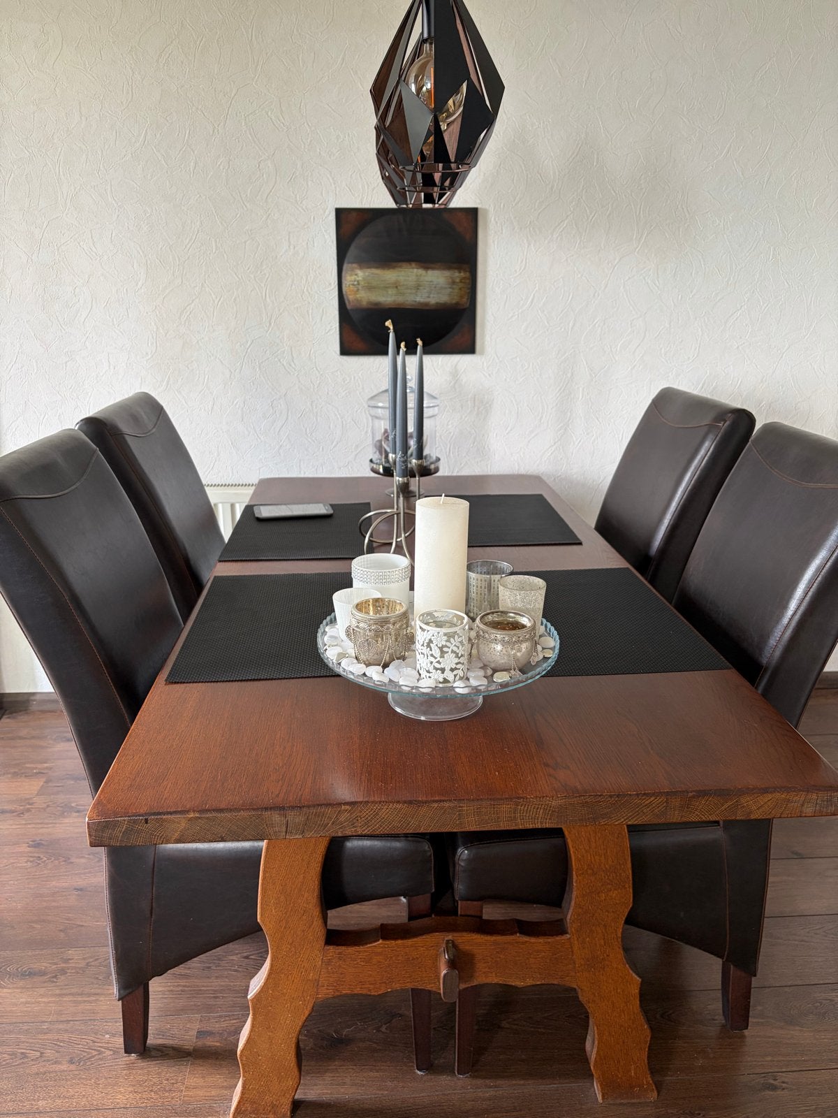 Robuuste eikenhouten eettafel met 4 stoelen, Huis en Inrichting, Tafels | Eettafels, Ophalen, Gebruikt, 100 tot 150 cm, Eikenhout
