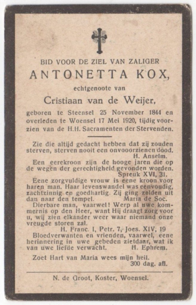 Antonetta Kox 1844 Steensel + 1920 Woensel, 75 jaar oud, Ophalen of Verzenden
