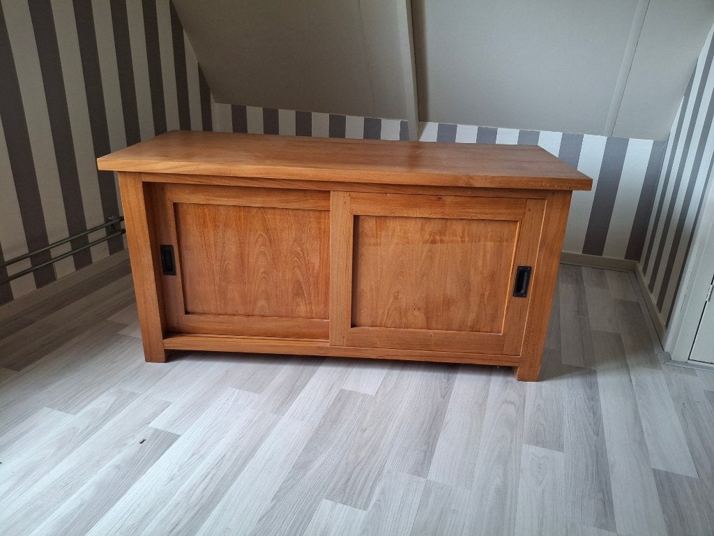 TV meubel, Ophalen, 100 tot 150 cm, Teakhout, Zo goed als nieuw