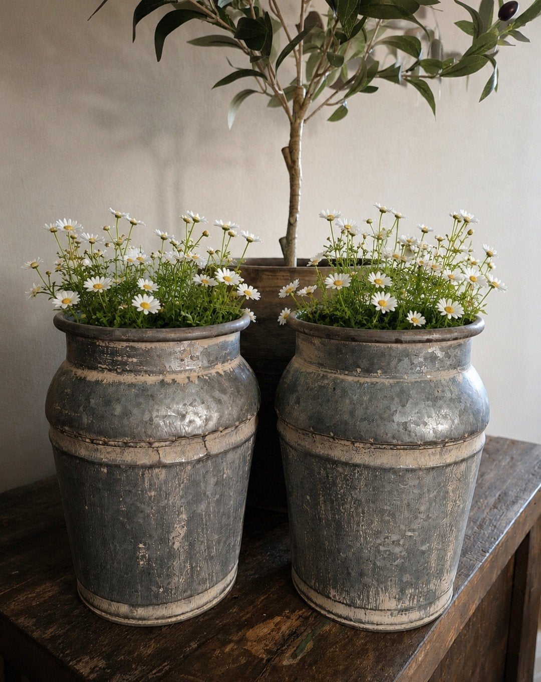2 prachtige zinken potten, Rond, Ophalen of Verzenden, Tuin, Minder dan 40 cm