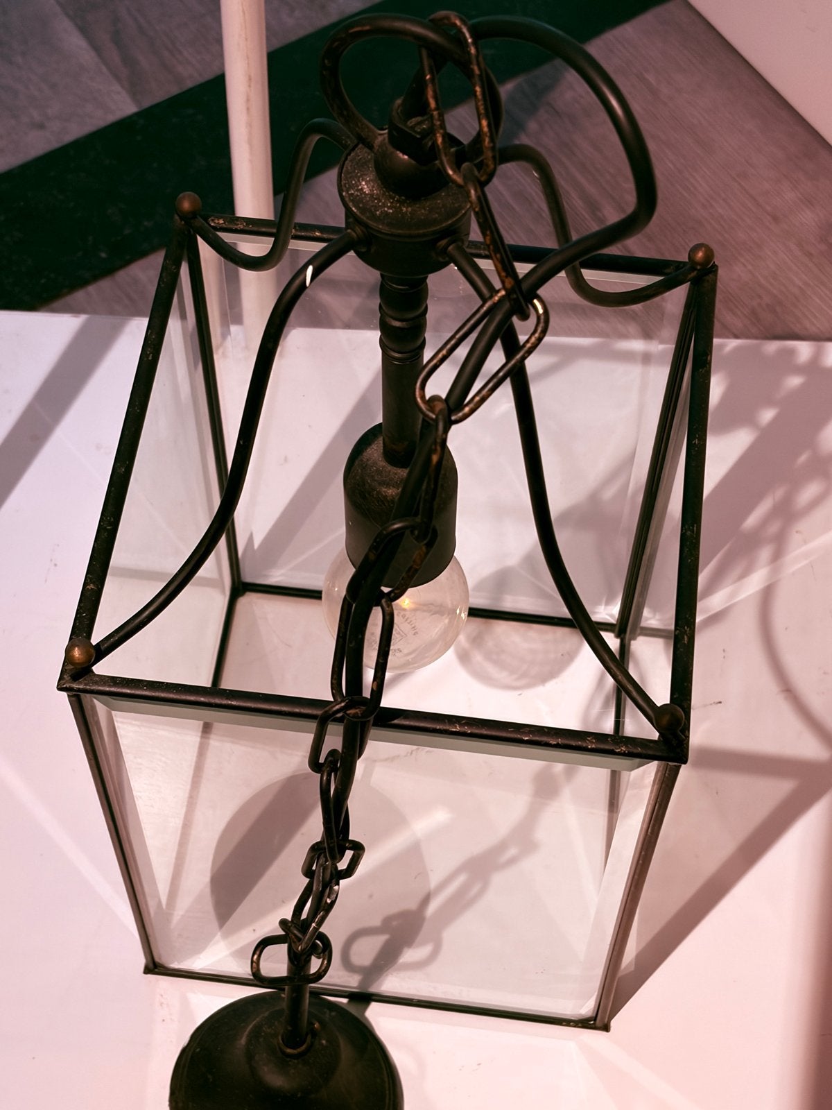 Vintage Hanglamp - Zwart Metaal en Glas, Huis en Inrichting, Ophalen, Gebruikt, Metaal, E27 (groot)