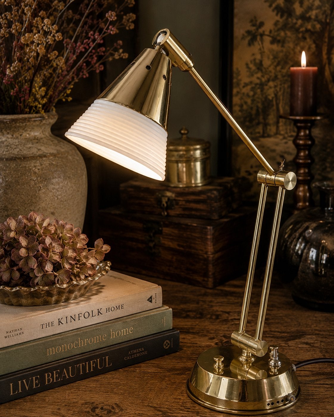 Vintage messing schemerlamp met opaline kap, Ophalen of Verzenden