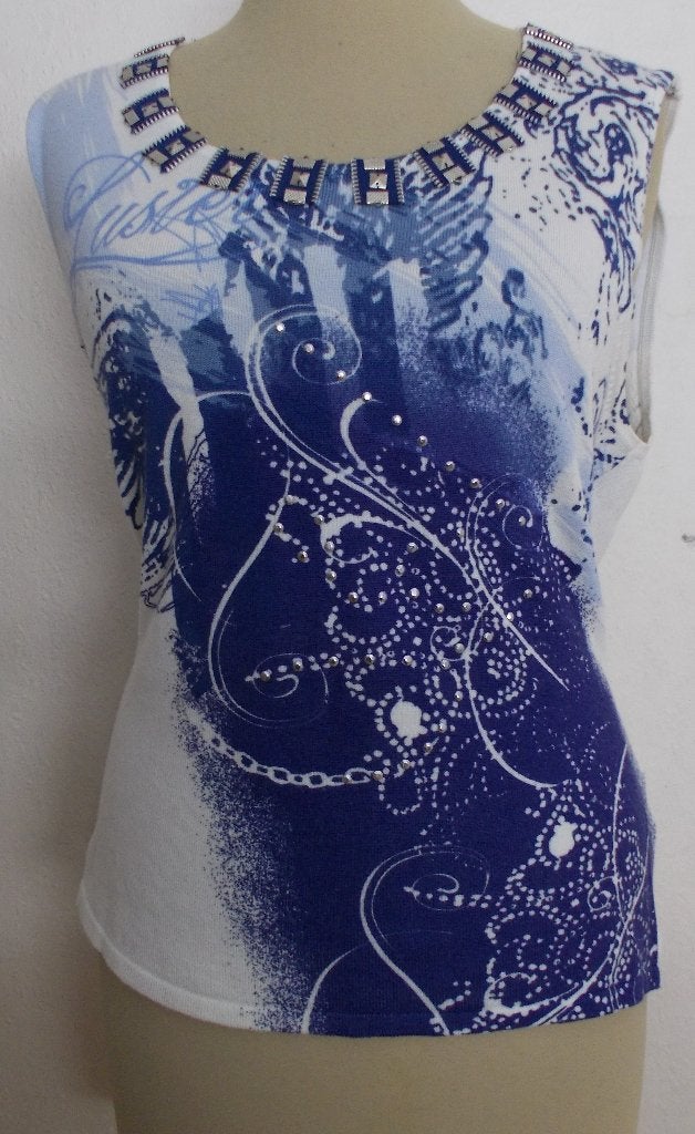 Bewerkt print top/truitje van Franse merk Leo Guy! L, Kleding | Dames, Maat 42/44 (L), Zo goed als nieuw, Zonder mouw, Verzenden