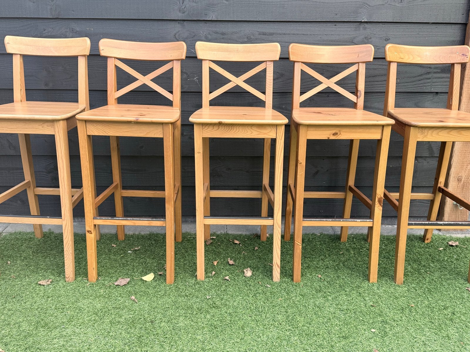 5 gebruikte barkrukken, ideaal voor tweedehands gebruik, Huis en Inrichting, Ophalen, Met voetsteun, 60 tot 90 cm, Hout