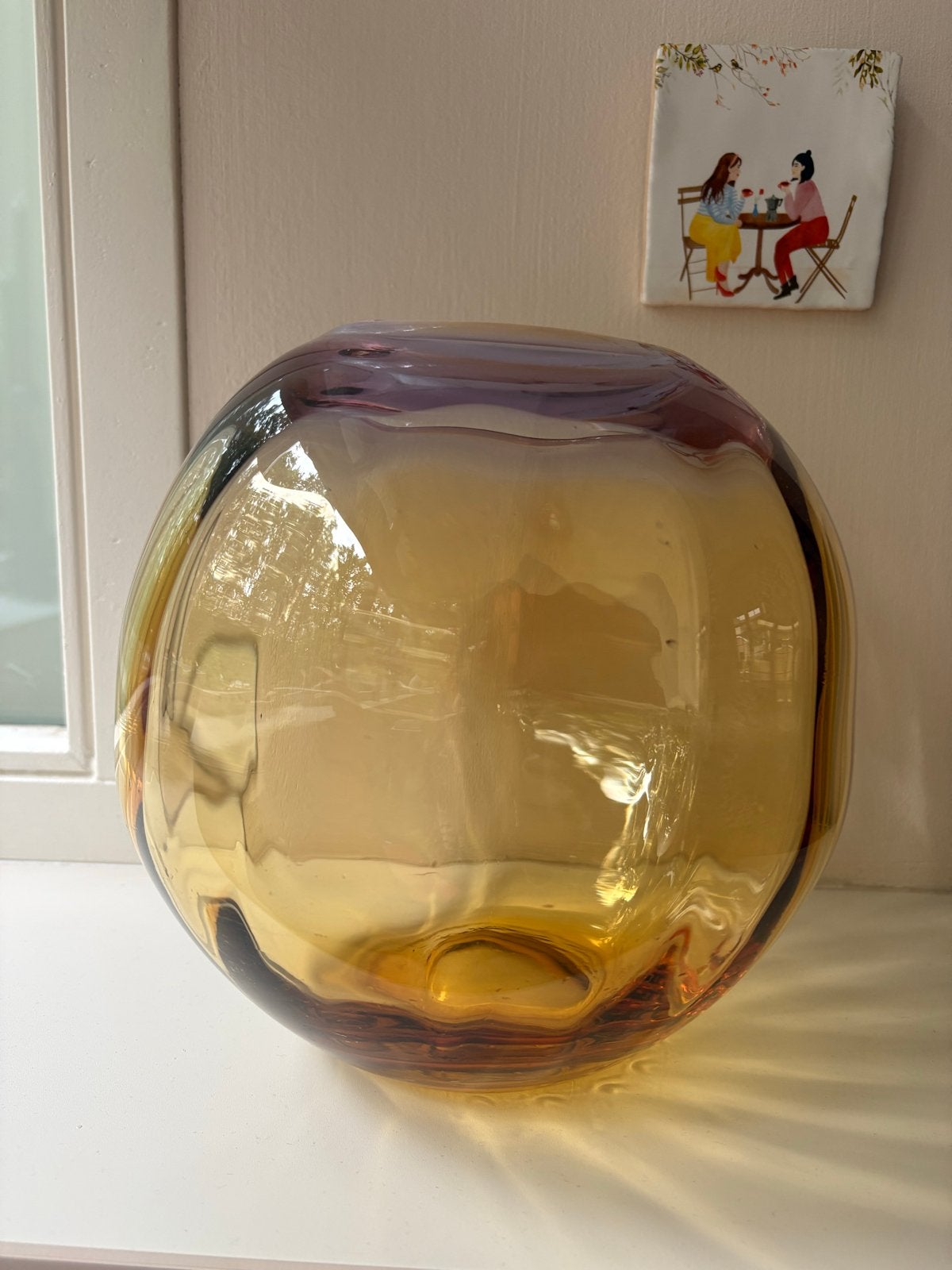 Grote amberkleurige vaas met paarse rand WJ Rozendaal, Ophalen of Verzenden