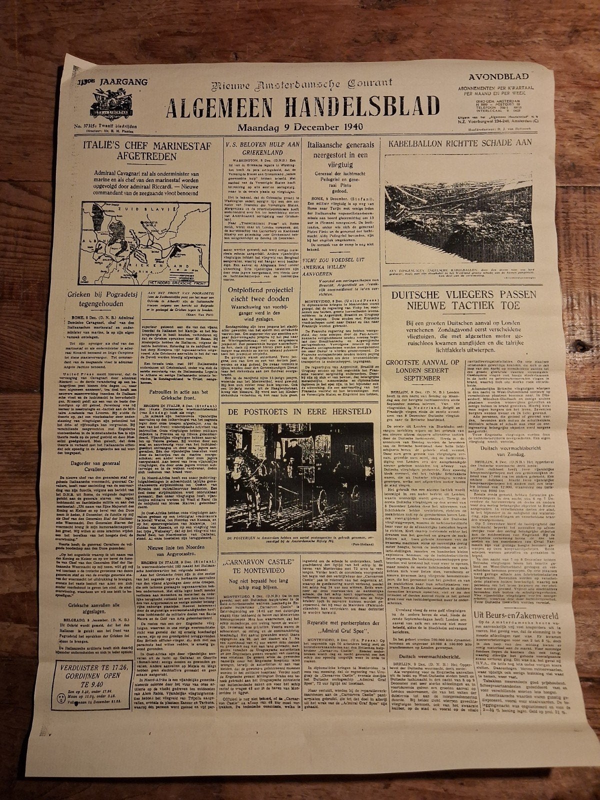 Afdruk voorpagina Algemeen Handelsblad 9 dec 1940, Ophalen of Verzenden, 1920 tot 1940, Knipsel(s)