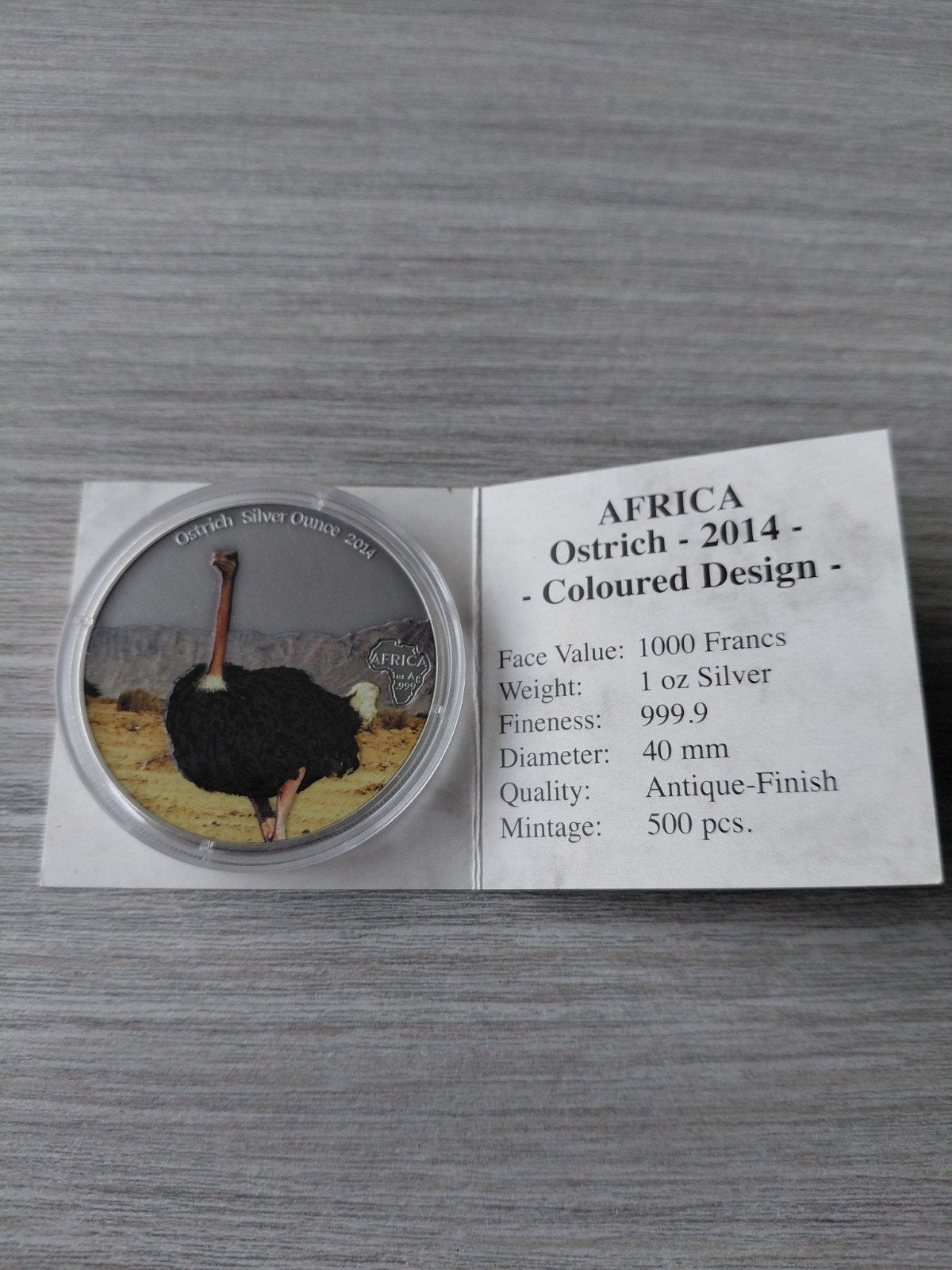 2014 Gabon Ostrich Struisvogel Antique Color 1 oz zilver, Ophalen of Verzenden, Zilver