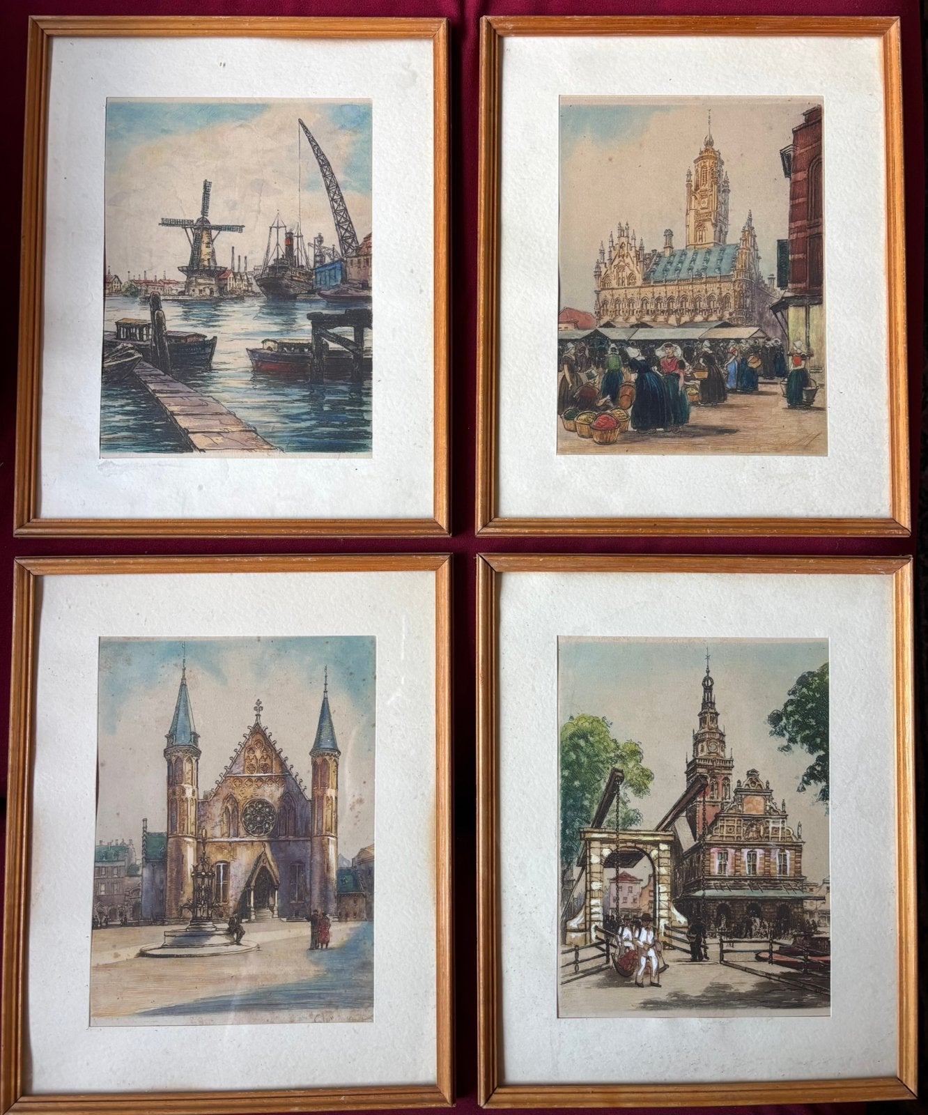 Vier prachtige ingekleurde etsen, Antiek en Kunst, Kunst | Etsen en Gravures, Ophalen of Verzenden