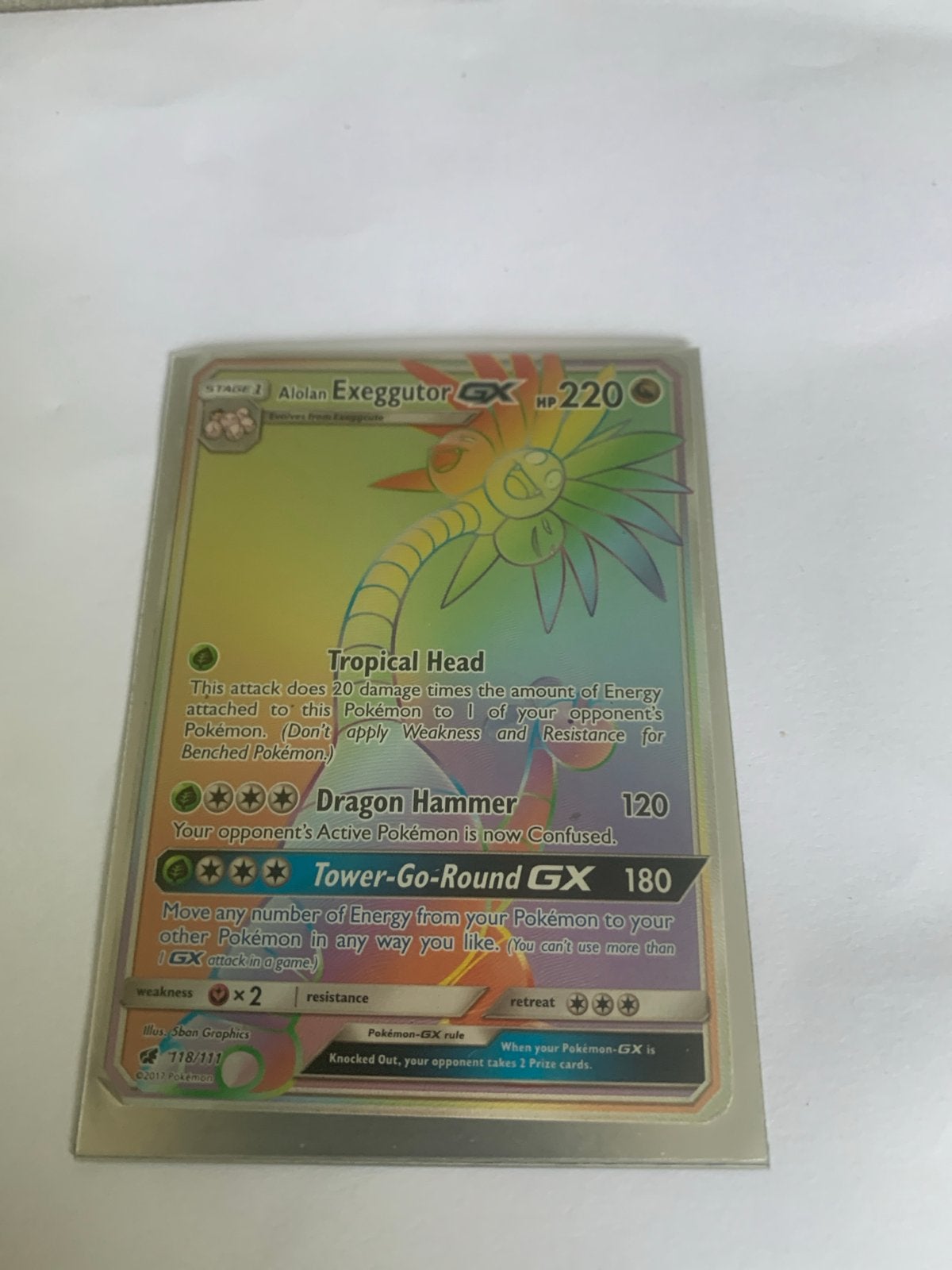 Alolan Exeggutor GX 118/111 Rainbow Rare Pokémon Kaart, Ophalen, Zo goed als nieuw, Losse kaart, Foil