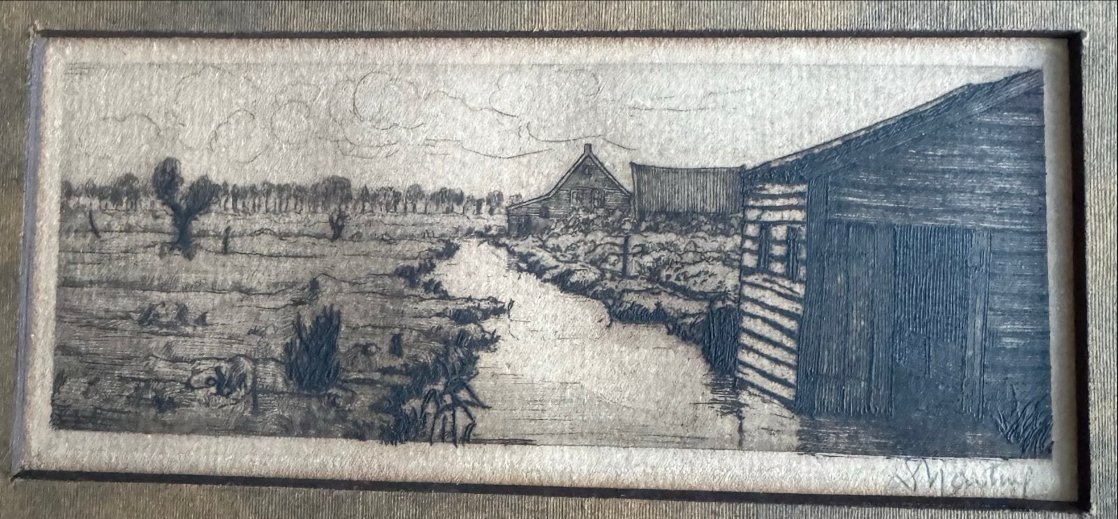 D.Harting Gesigneerde Ets: Landschap met boerderij en water, Ets, Ophalen of Verzenden, Gesigneerd, Landschap