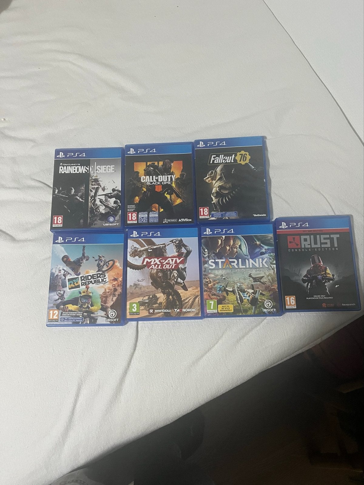 PS4 Spellen Bundel: Riders Republic, R6 Siege, CoD BO4, Rust, Online, Gebruikt, Vanaf 18 jaar, Overige genres