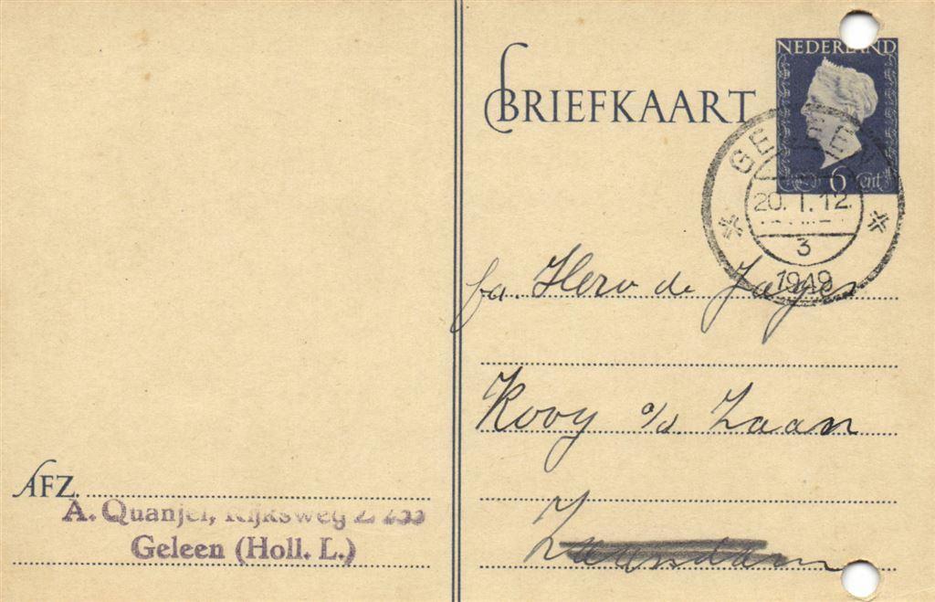 A. Quanjel, Geleen [Holl.L.] - 01.1949 - briefkaart - 1949 g, Ophalen of Verzenden, Briefkaart