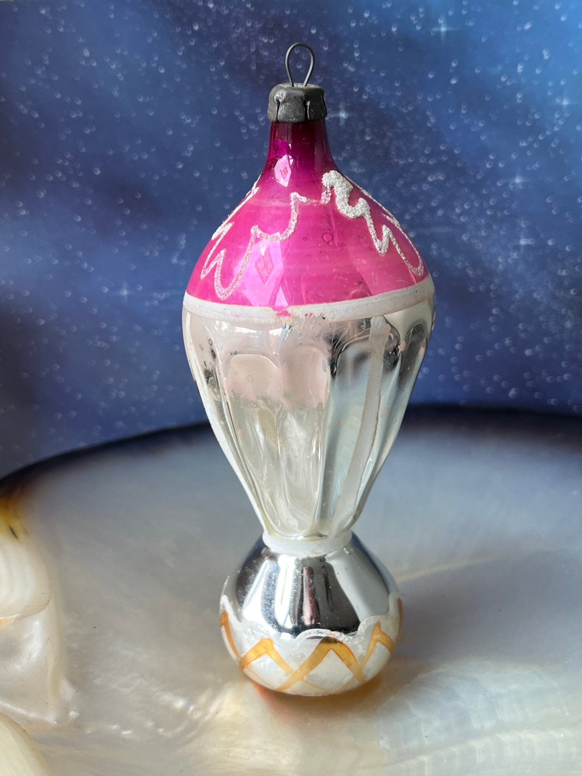 Oude glazen kerstbal, roze zilver, Gebruikt, ., Ophalen of Verzenden, .