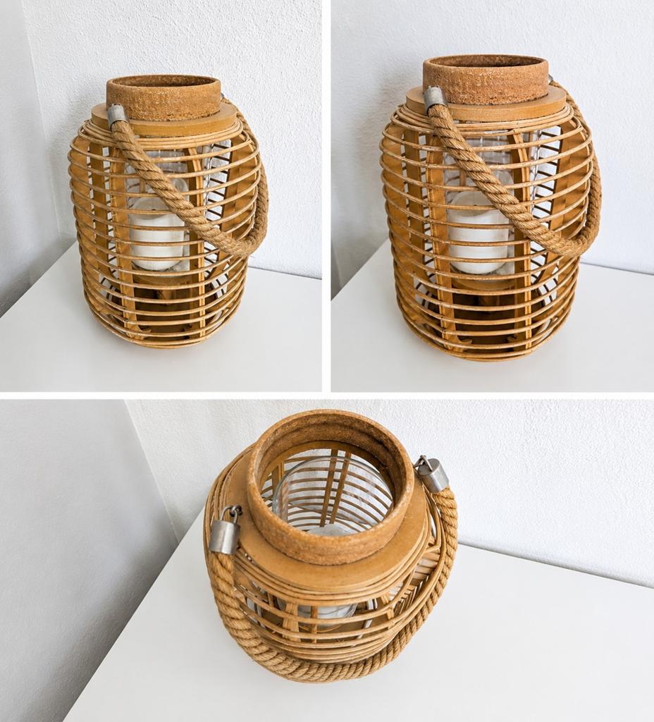 Rotan windlicht met touw handvat, Ophalen, Bruin, Zo goed als nieuw, Hout