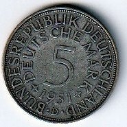 5  mark  1951  D  Duitsland. km. 112.1, Ophalen of Verzenden, Duitsland, Losse munt, Zilver