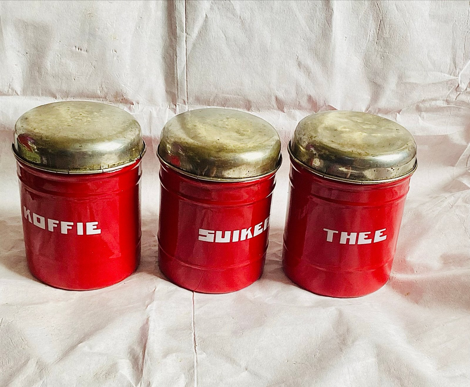Vintage emaille Rode Koffie, Suiker, Thee bussen, Ophalen of Verzenden