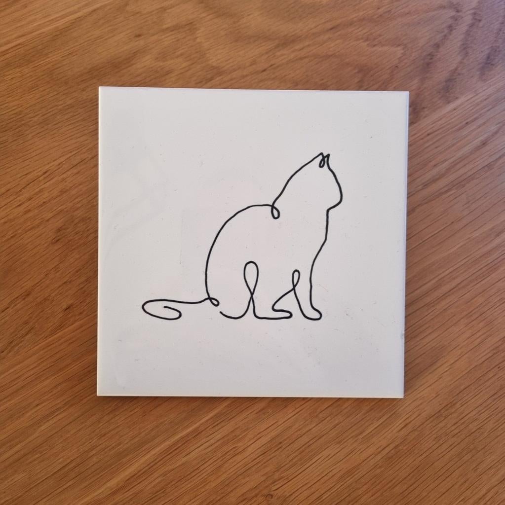 Tegeltje lijntekening lijn tekening zittende kat poes cat, Ophalen of Verzenden