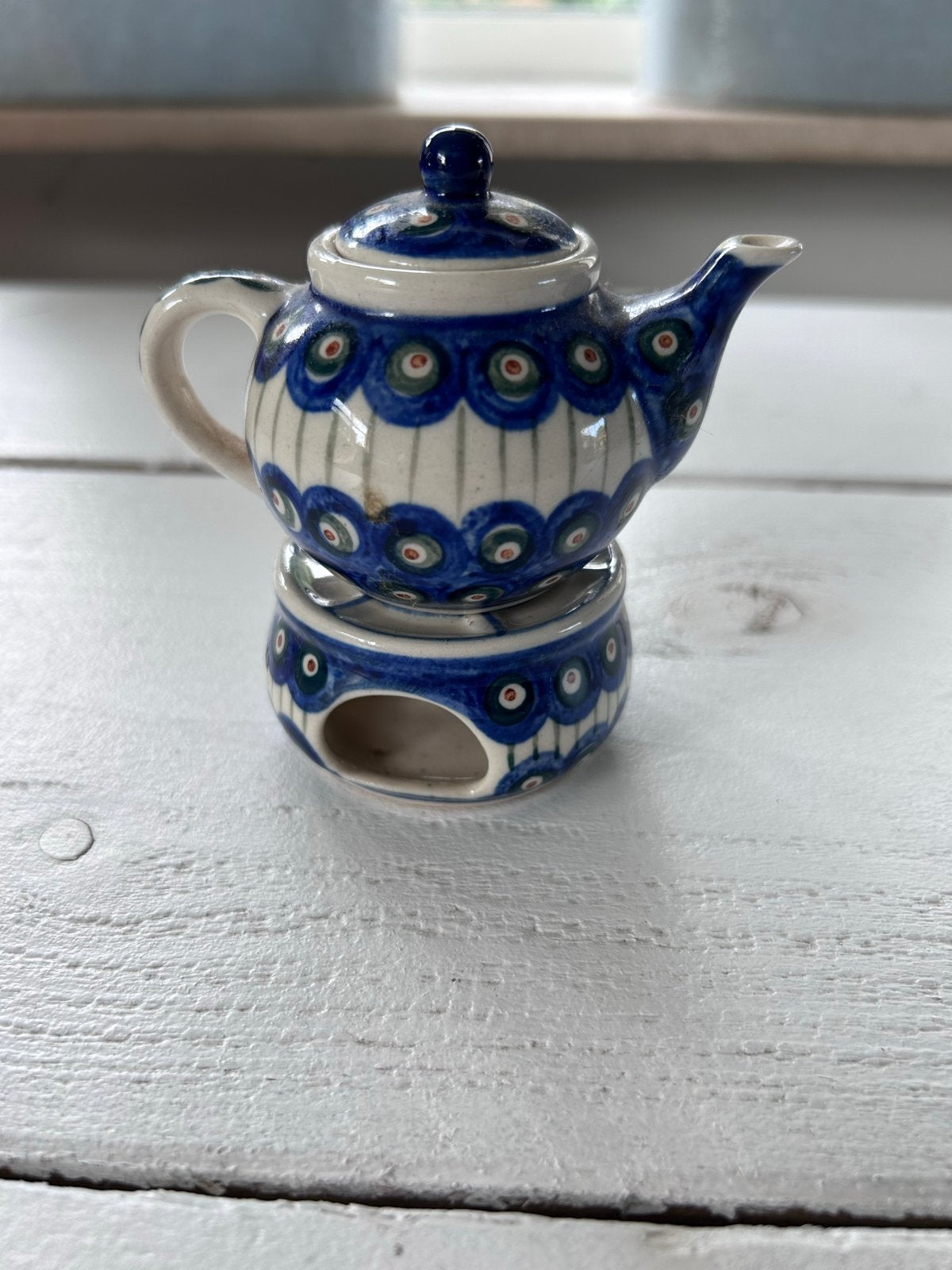 Miniatuur Bolesławiec/Bunzlau theepot met warmhouder, Ophalen of Verzenden
