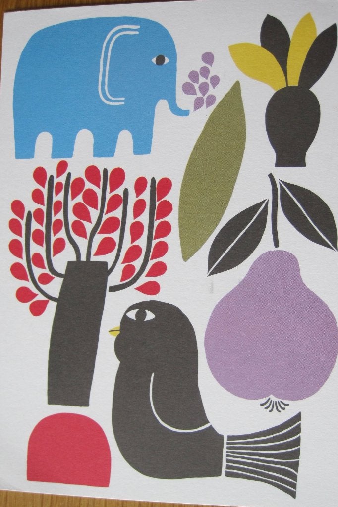 Olifant en vogel op kaart van Marimekko - Finland - 2016, Ophalen of Verzenden, 1980 tot heden, Gelopen, Overige thema's