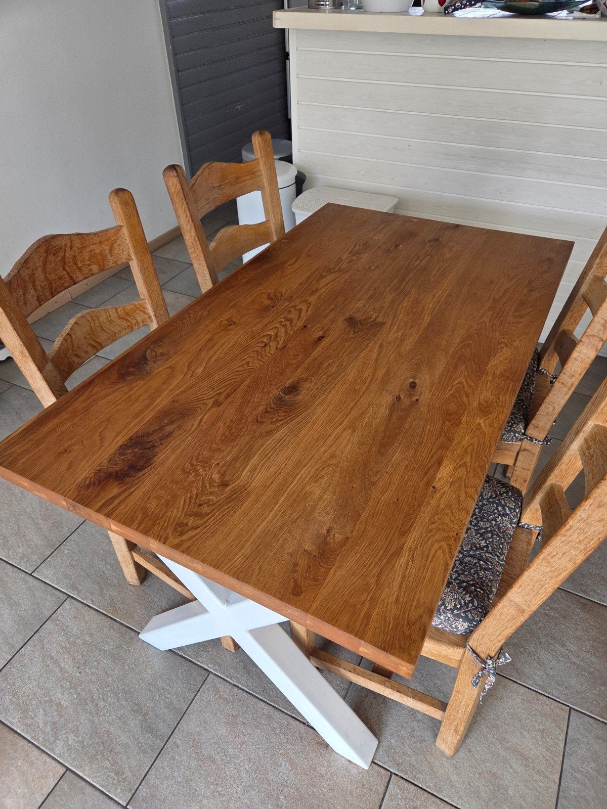 Eikenhouten tafel plus 4 eikenhouten stoelen, Ophalen, Gebruikt, 4 tot 6 stoelen