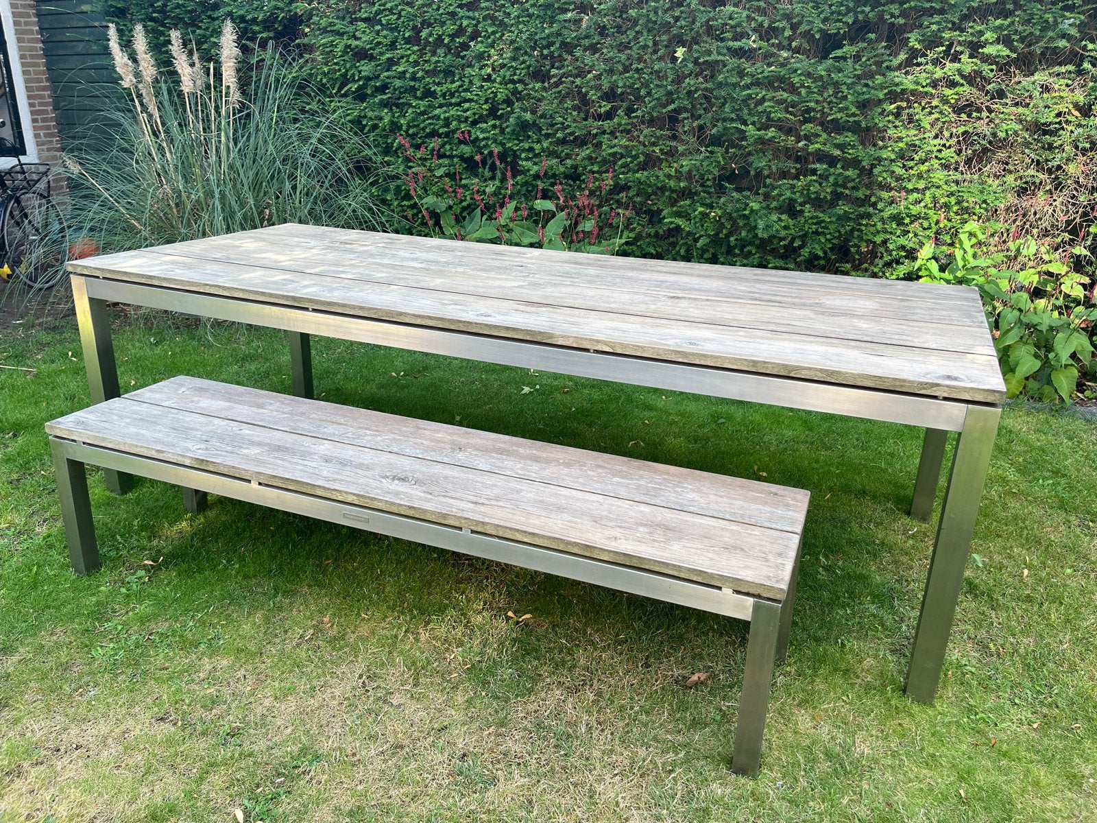Teak & Mahogany tuinset: tafel en bank, Ophalen, Gebruikt, Rechthoekig, Teakhout