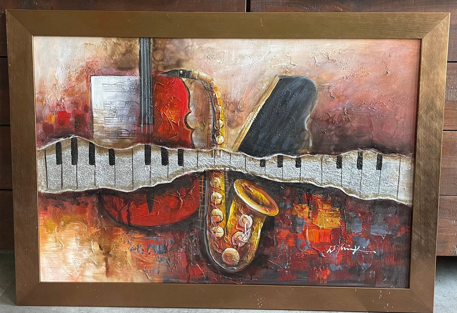 Schilderij Muziekinstrumenten: Piano, Saxofoon, Viool, 50 – 75, Ophalen of Verzenden, Zo goed als nieuw, Schilderij