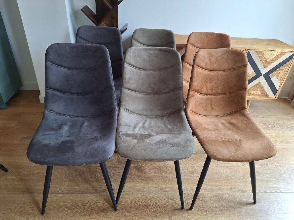 Set 6 eetkamerstoelen (cognac/grijs/taupe)zwarte poten, Ophalen, Gebruikt, Overige kleuren, Stof