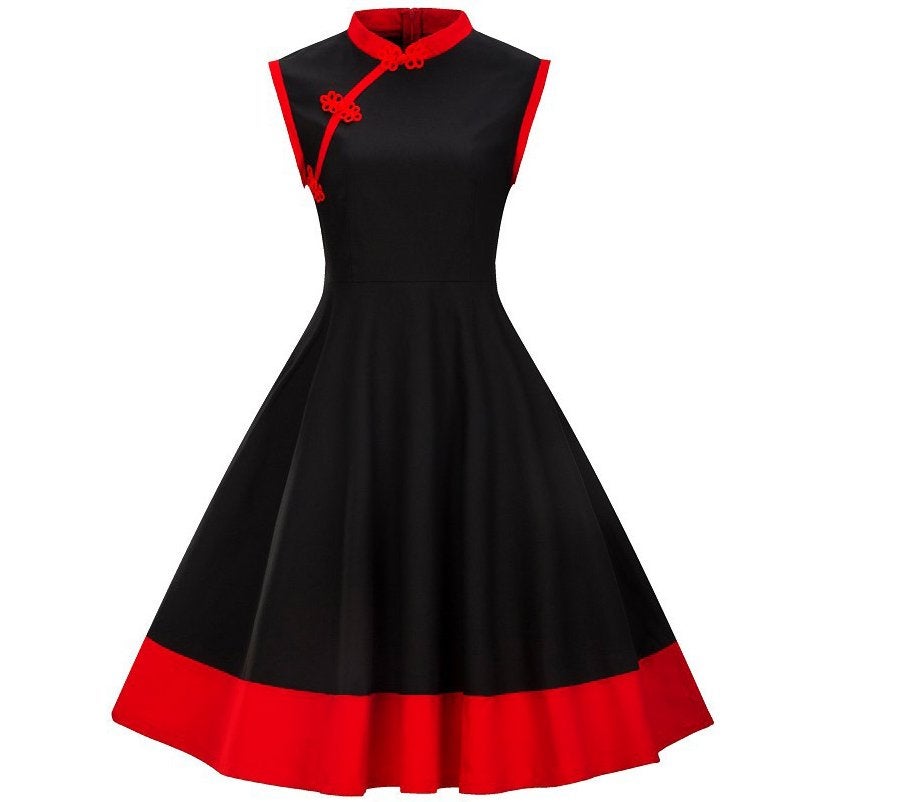 Zwarte rode rockabilly jurk vintage dames vrouwen retro, Verzenden, Nieuw, Meerkleurig, Knielengte