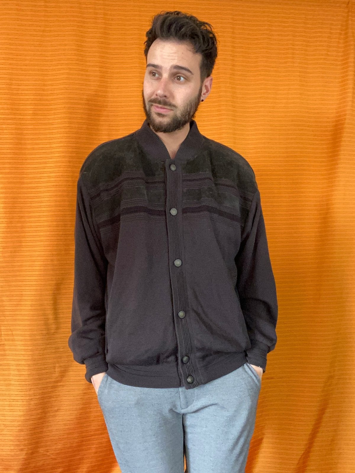 Vintage vest / cardigan / zwart-grijs / large / L, Maat 52/54 (L), Hgv, Hgv, Vintage