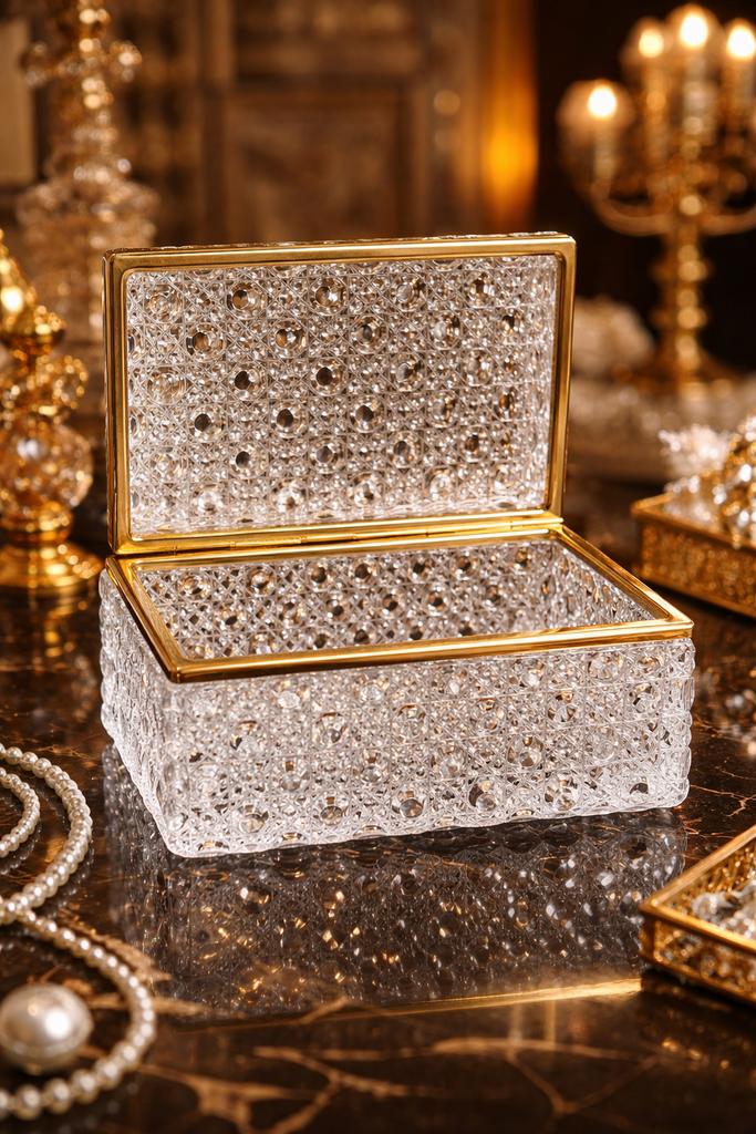 Luxe kristallen sieradendoosje met gouden rand, Antiek en Kunst, Antiek | Glas en Kristal, Ophalen of Verzenden