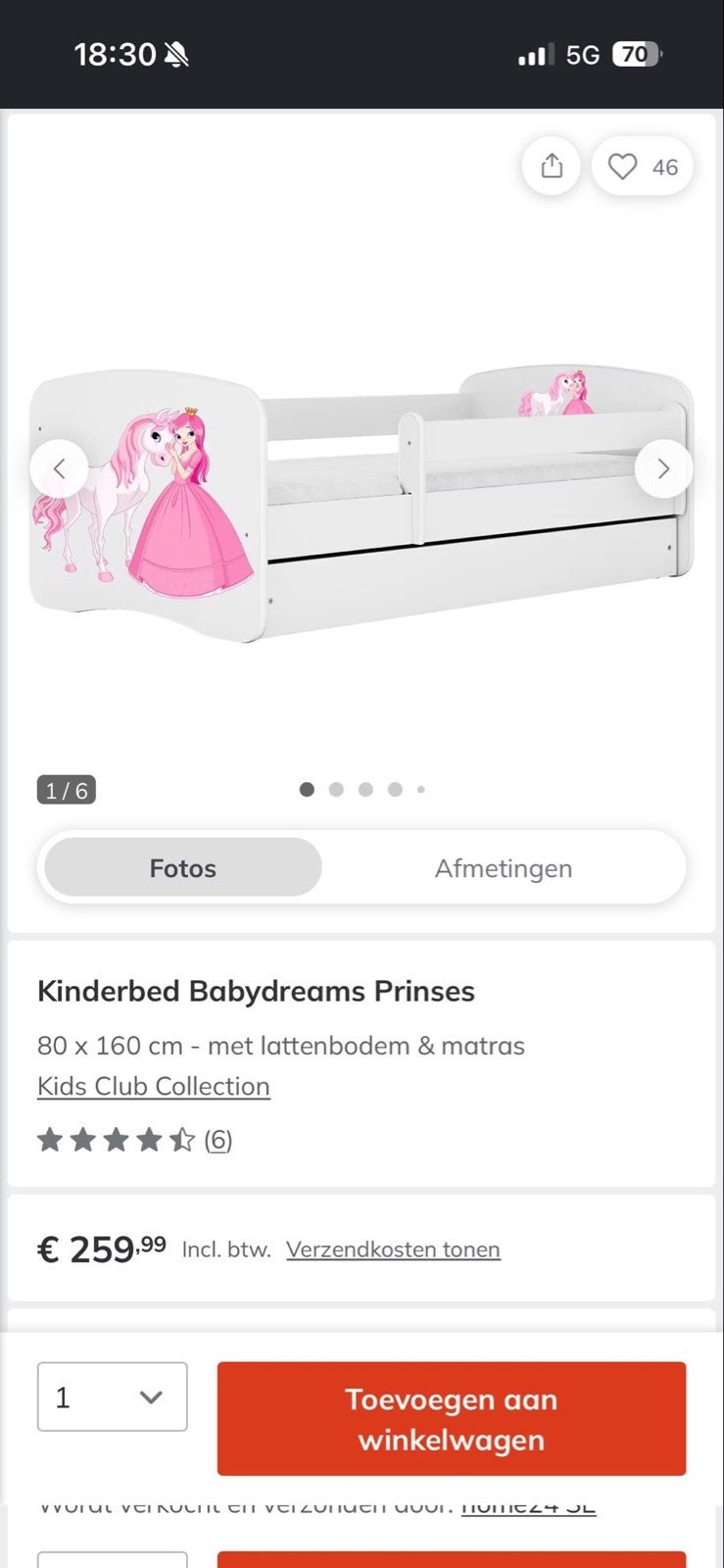 Kinderbed Babydreams Prinses lattenbodem, Ophalen, 70 tot 85 cm, Zo goed als nieuw, Lattenbodem