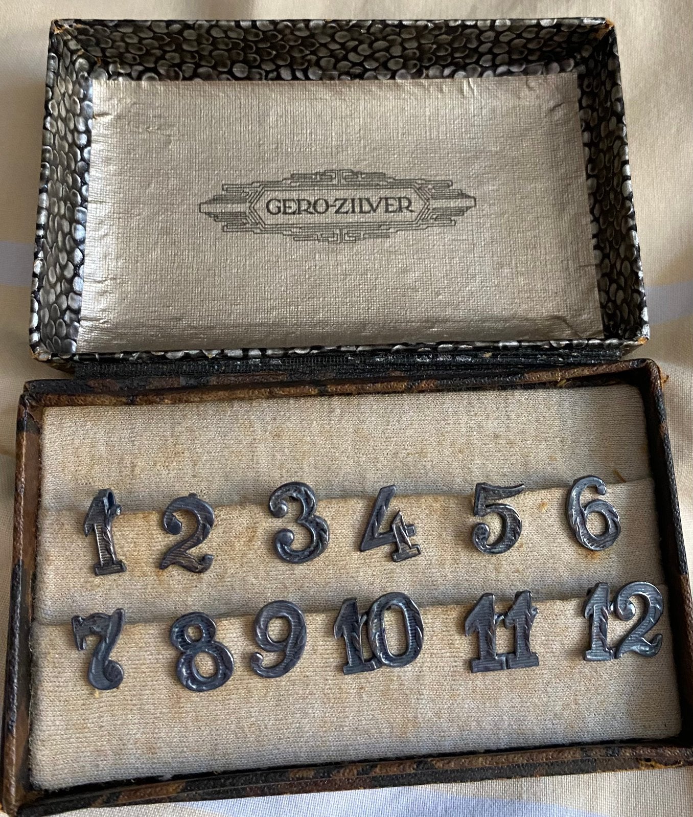 Antieke Gero - zilver cijferset in originele Art Deco box, Ophalen of Verzenden, Zilver