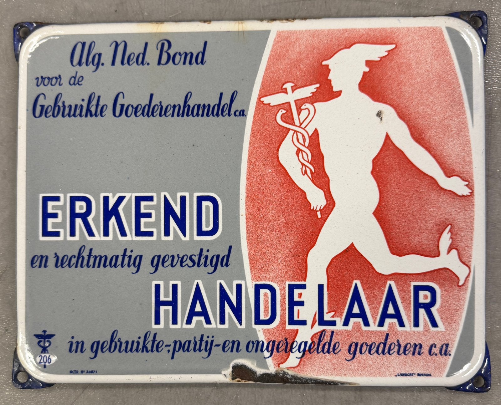 Mooi emaille bord Erkend Handelaar Langcat met octr Topglans, Ophalen of Verzenden, Gebruikt, Reclamebord