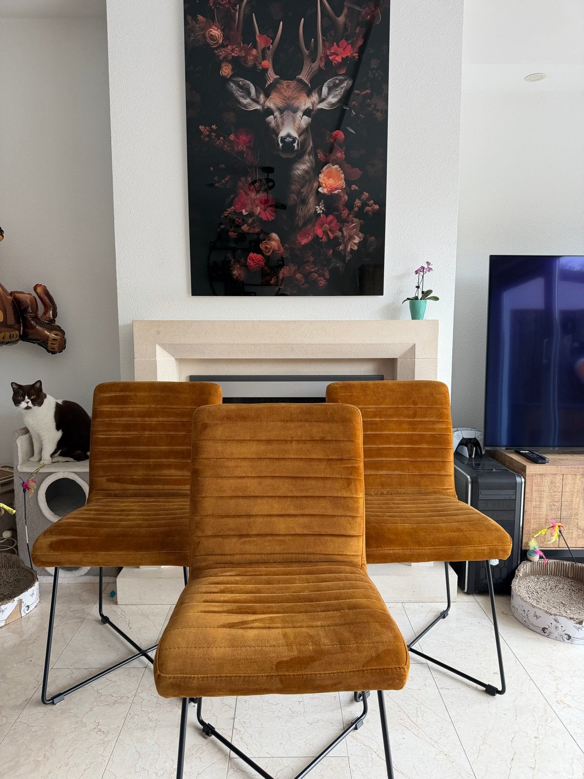 Set van 3 okergele fluwelen eetkamerstoelen, Huis en Inrichting, Ophalen, Overige kleuren, Drie, Zo goed als nieuw