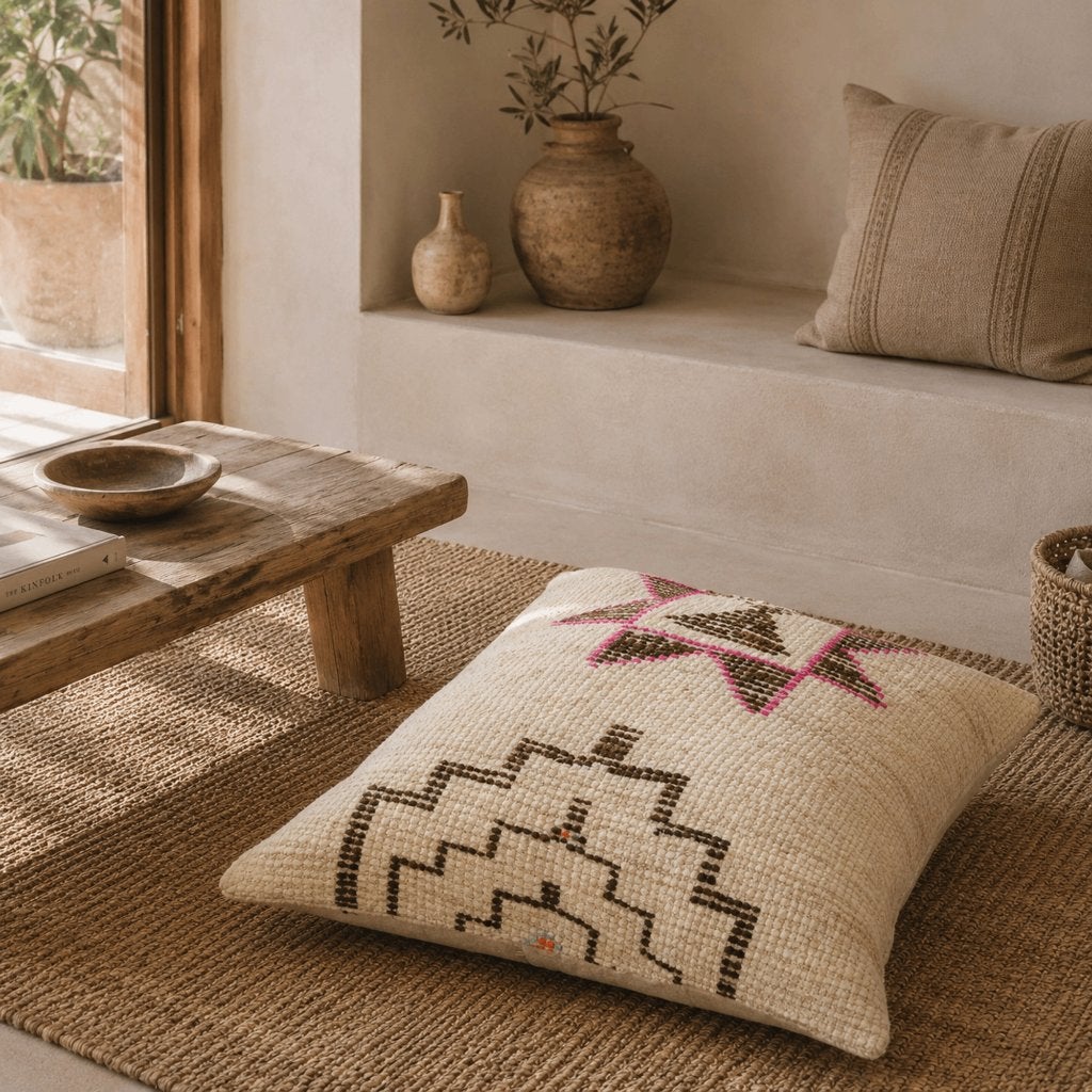 Vintage kelimkussen 70x70 Boho Wolwit Vloerkussen SALE, Yazgibi, Handgemaakt, Vierkant, Nieuw
