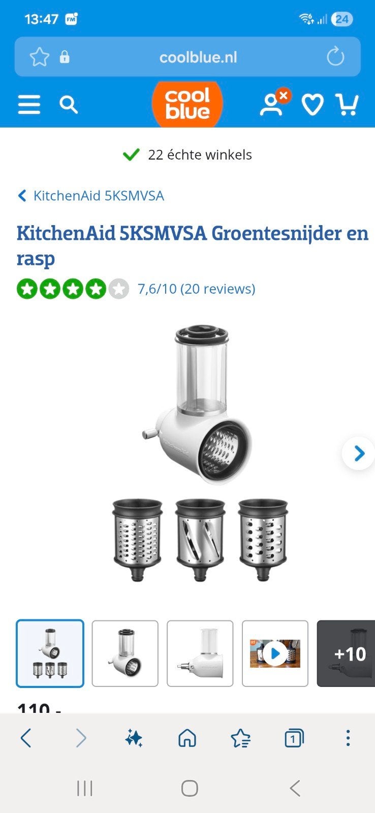 KitchenAid 5KSMVSA Groentesnijder en rasp, Huis en Inrichting, Ophalen of Verzenden, Zo goed als nieuw, Metaal, Snijmachine