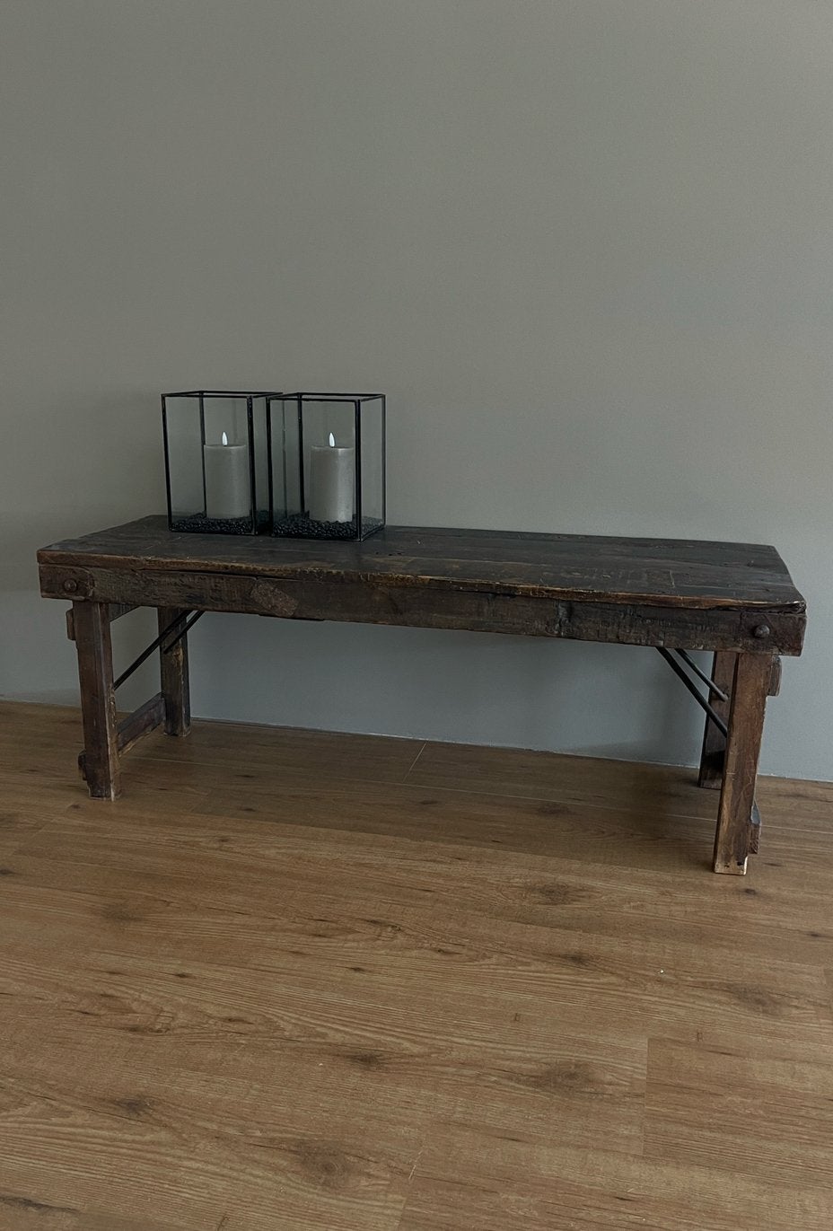 Vintage houten inklapbare zitbankje / sidetables / tafel, Ophalen, 100 tot 150 cm, Landelijk, sober, robuust, industieel, Zo goed als nieuw