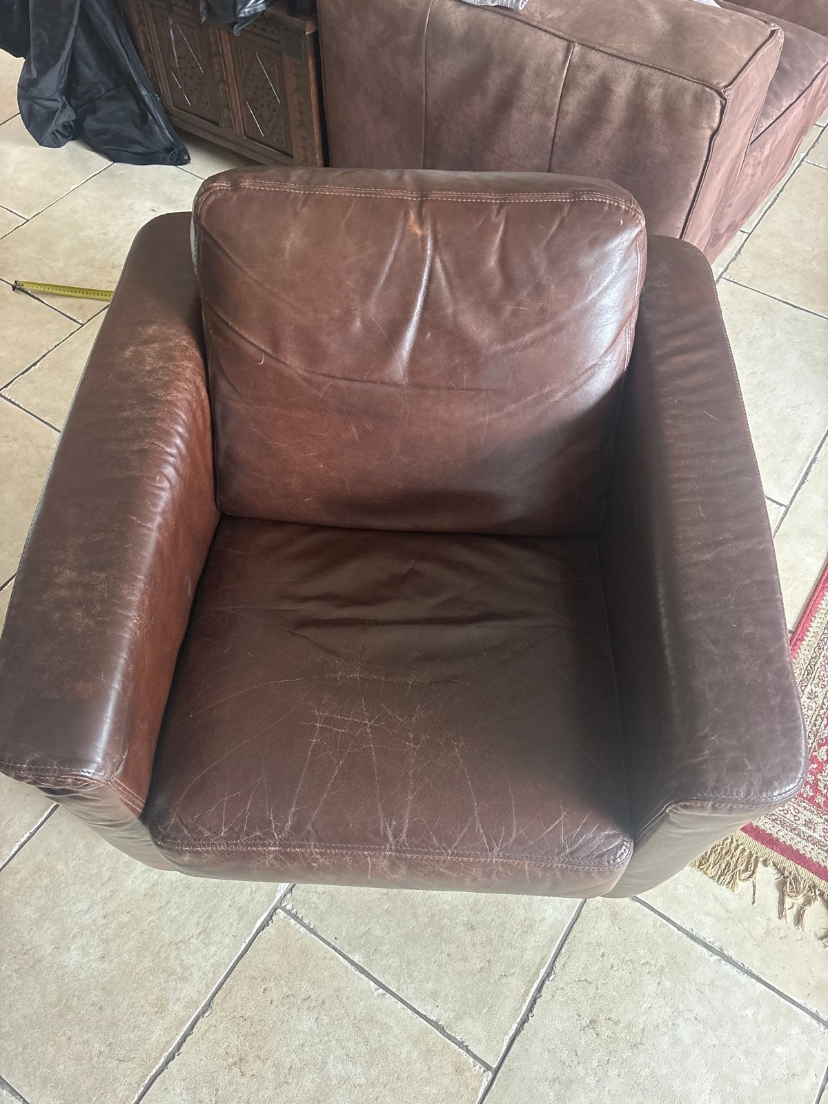 Comfortabele bruine leren fauteuil, Ophalen, Gebruikt, Leer, 75 tot 100 cm