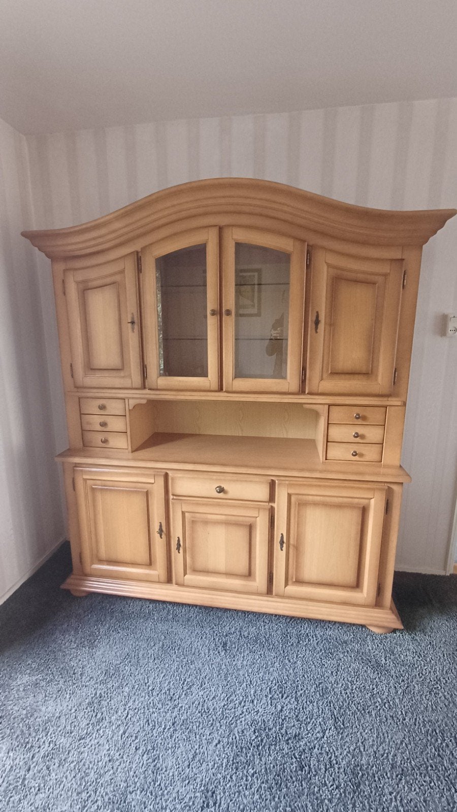 Licht eiken kast met glazen deuren en lades, Ophalen, Gebruikt, 25 tot 50 cm, Glas