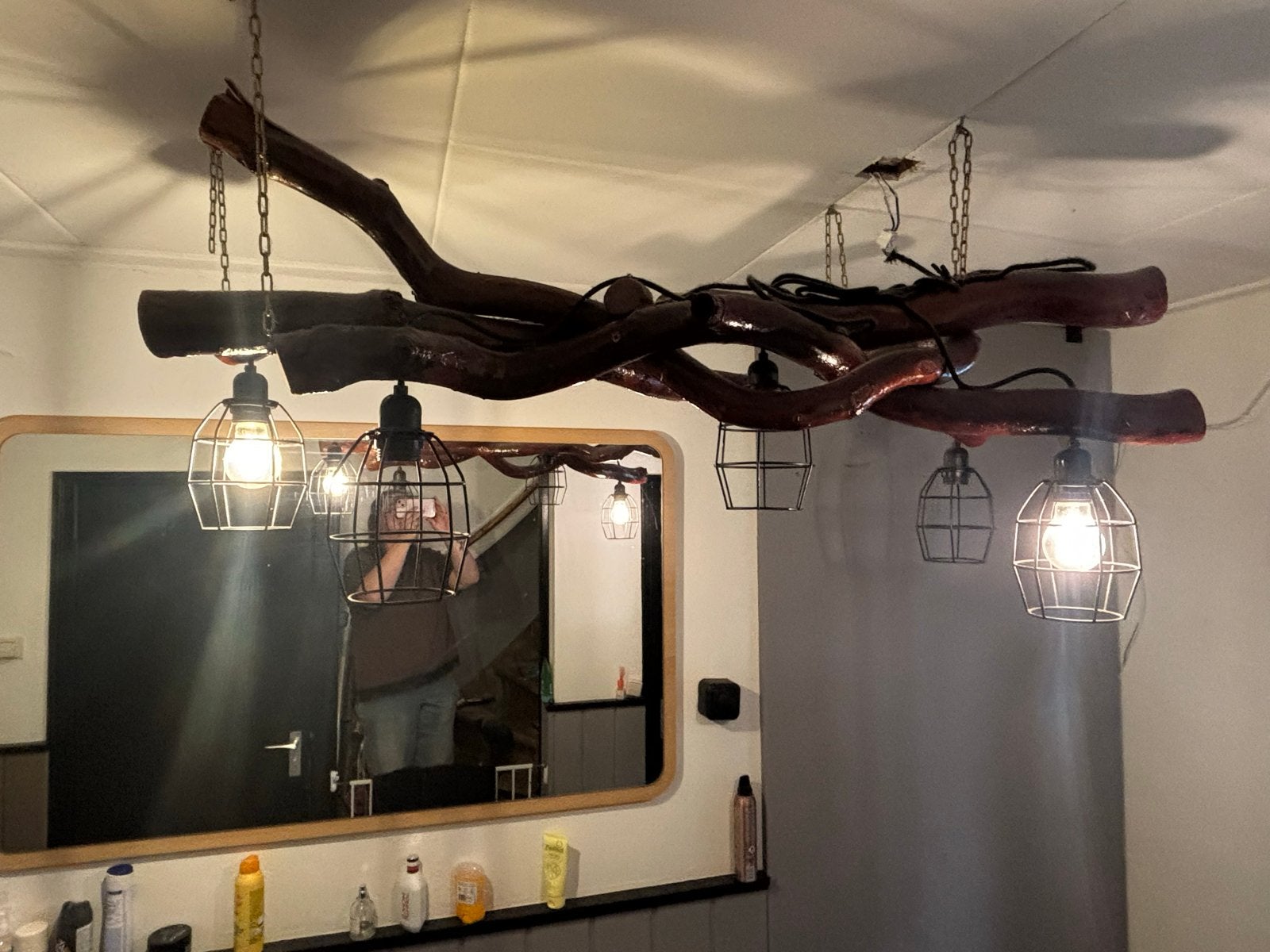 Unieke hanglamp van boomstam met 5 lampen, Ophalen, Gebruikt, Hout, E27 (groot)